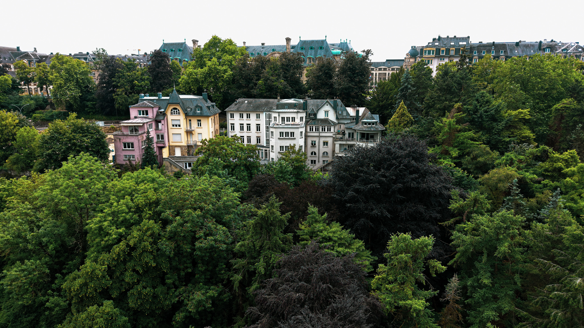 Belle Époque villas on the upper gorge edge. Built after the fortifications came down and the land became available. Pink, yellow, copper green — they face the valley they were built to overlook, now half-consumed by the trees planted to turn the old ditch into a garden.