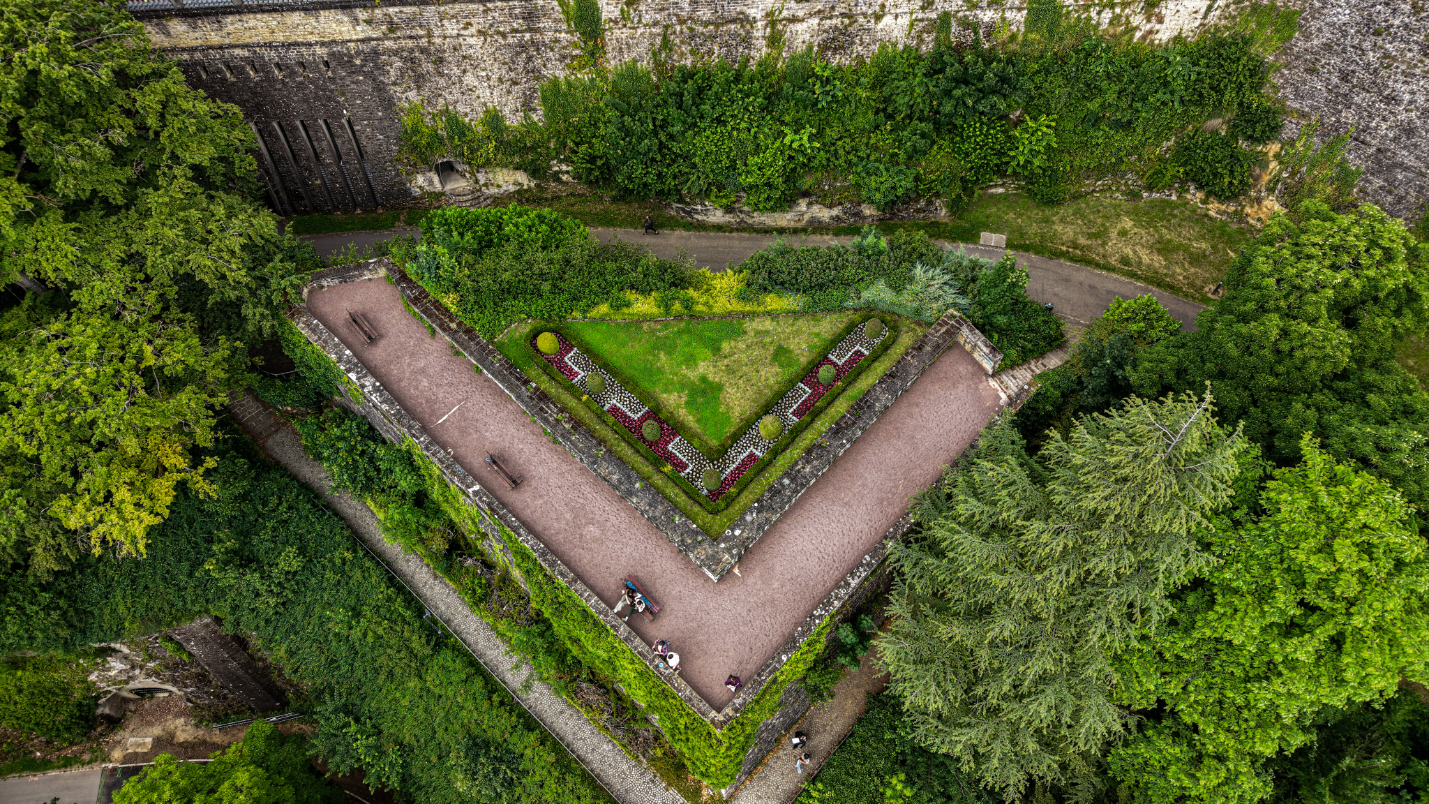A bastion garden in the old Luxembourg City fortifications, seen from directly above